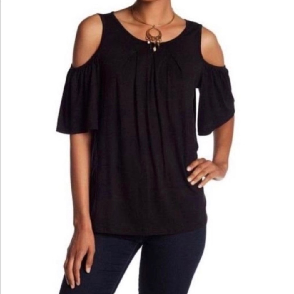 Max Studio Cold Shoulder Peplum Blouse Navy Blue Size Small NWT